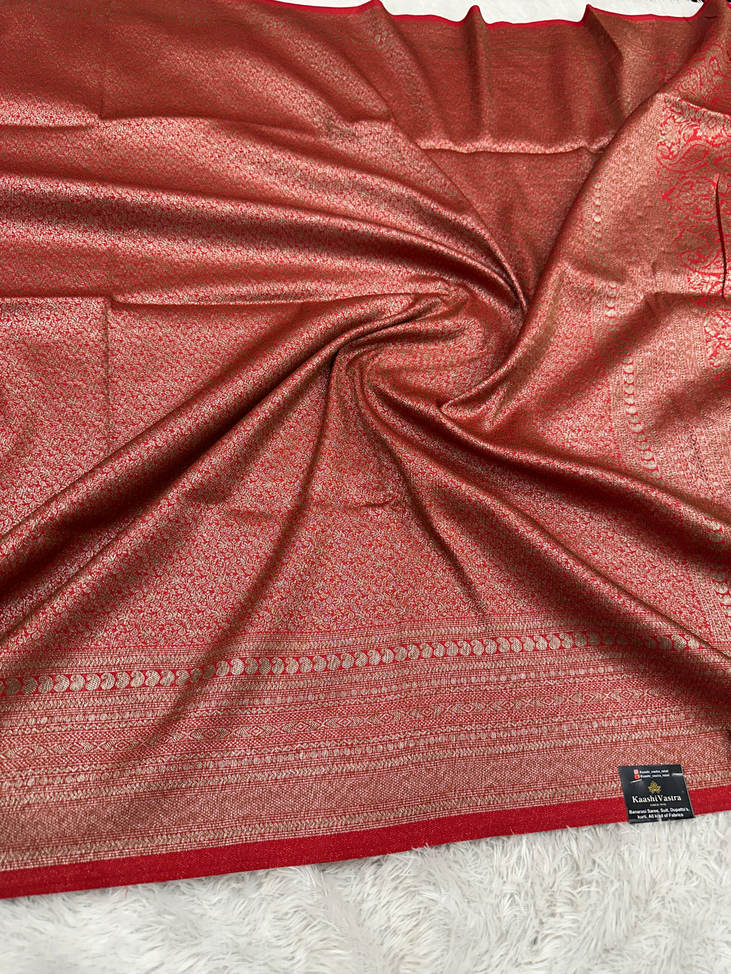 Red Banarasi Dupion Silk Saree with Embossed Antique Zari Weaving & Rich Antique Zari Pallu | STF95