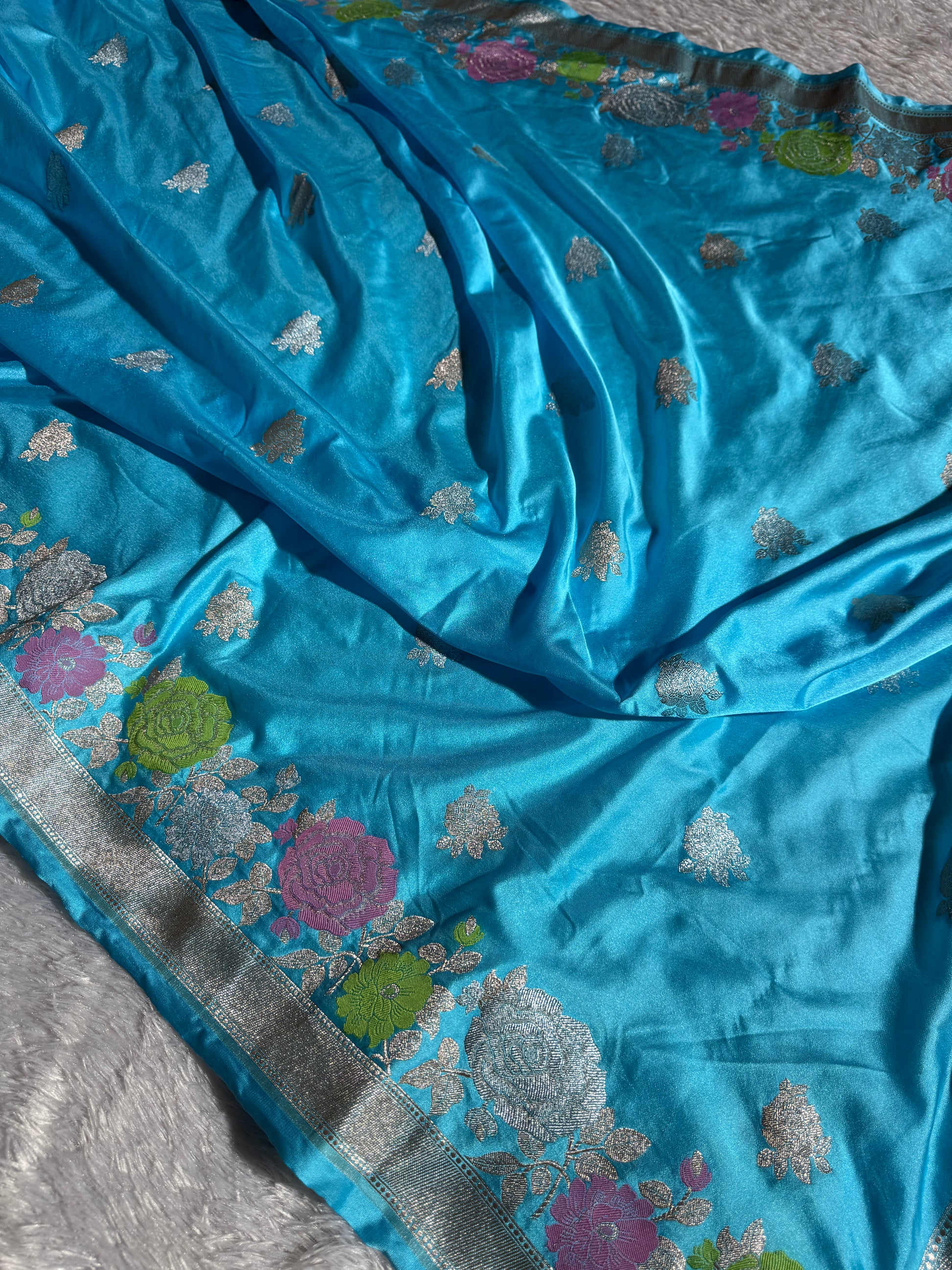 Mashru Kataan Firozi Color Saree in Meenakari Pattern MSK02