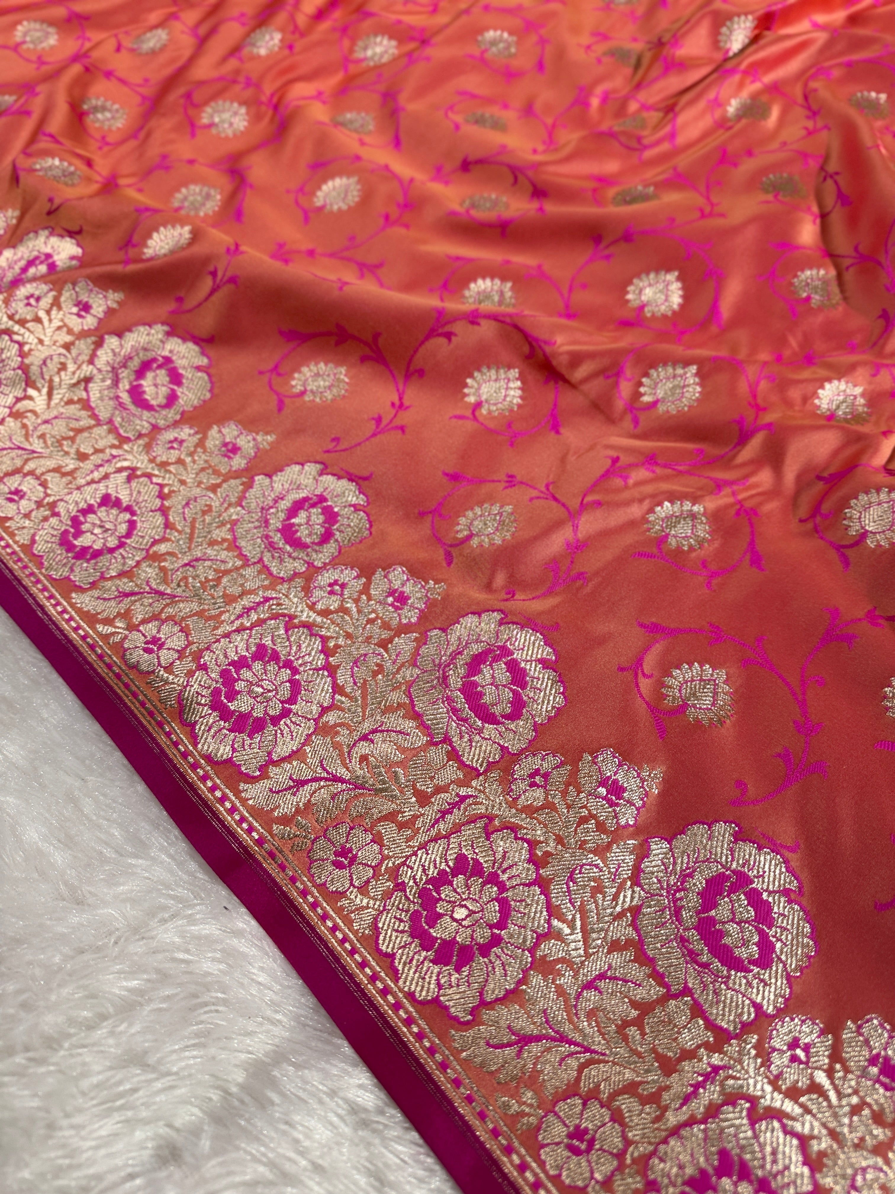 Peach Banarasi Mashru Kataan Silk Saree with Tanchoi Floral Weaving & Fancy Banarasi Border MKS102