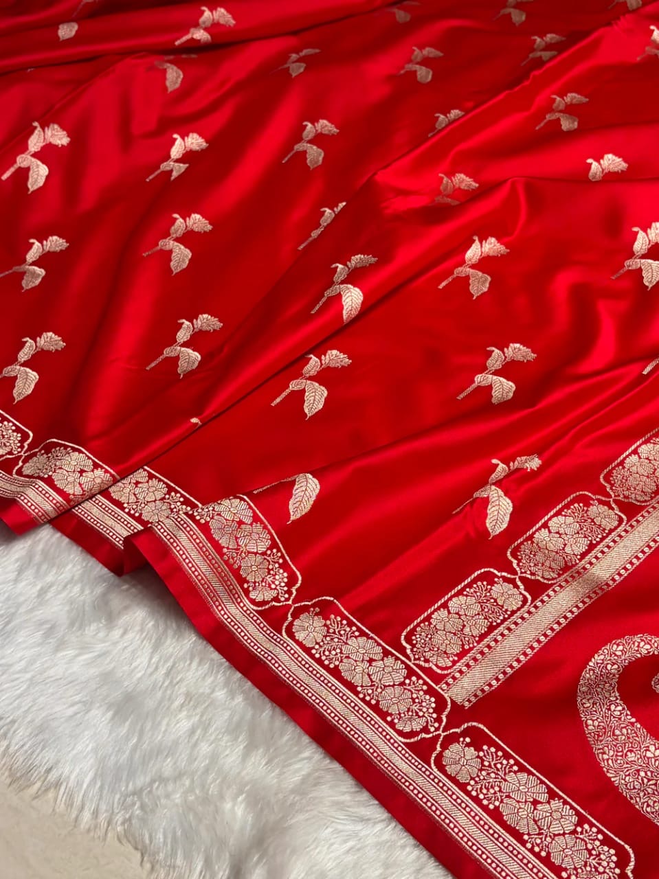 Banarasi Mashru Kataan Silk Saree Featuring Flower Buta Design with Ikkat Border and Zari Pallu – MKS409