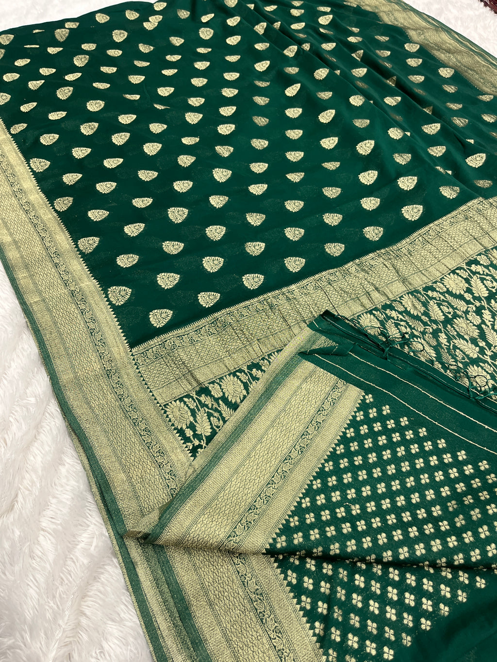 Chinon Silk Buta Zari Green Color Saree CN01