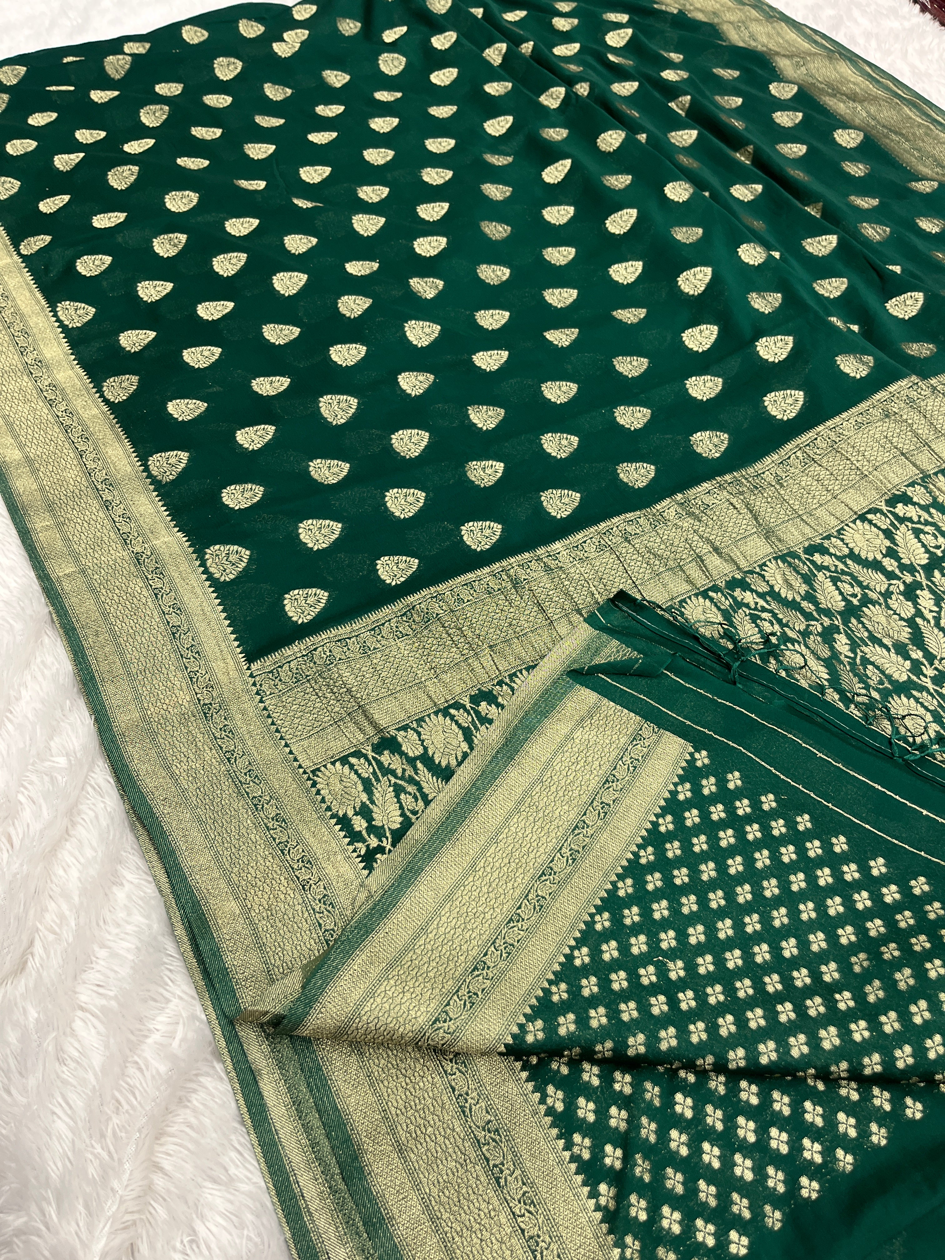 Chinon Silk Buta Zari Green Color Saree CN01