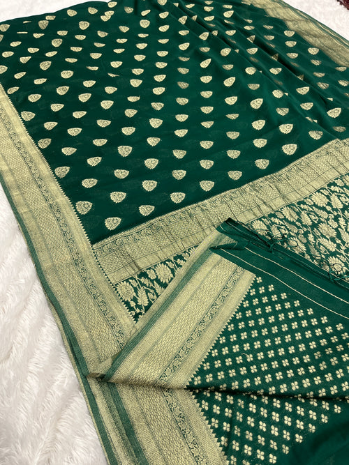 Chinon Silk Buta Zari Green Color Saree CN01