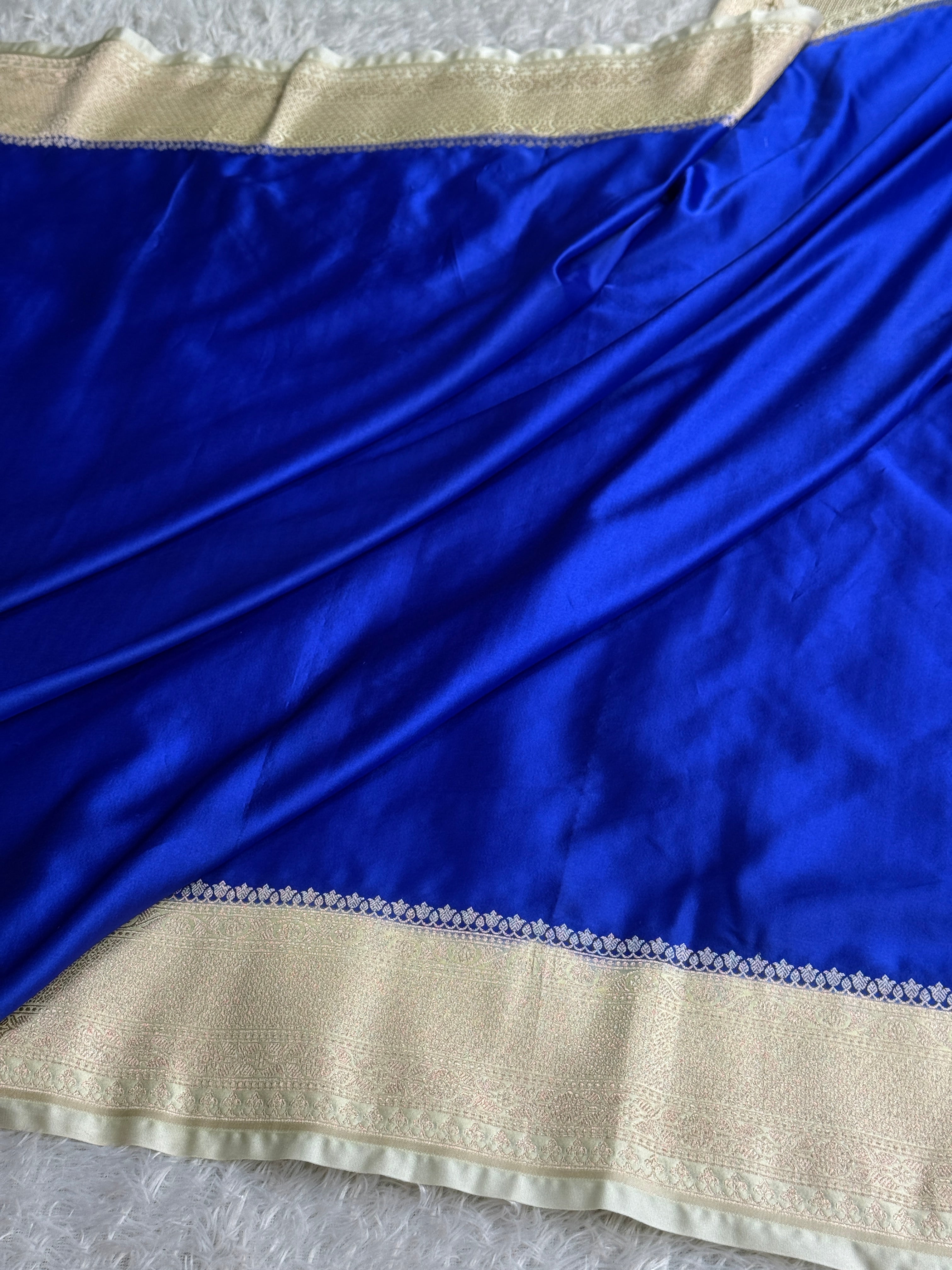 Mashru Kataan Silk Banarasi Saree – Blue with Cream Contrast | MKS709