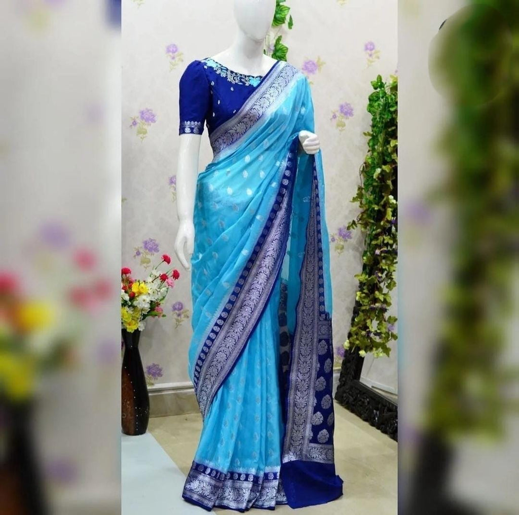 Semi Georgette Silk Saree with Leaf Buta & Rich Zari Pallu – SM61