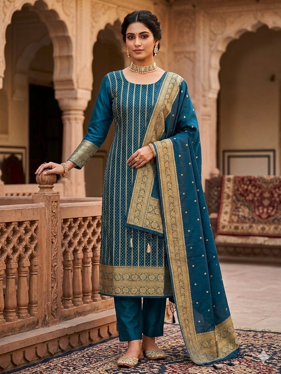 3 Pcs Modaal Saatan Suit Dupatta with Zari woven Design SD12