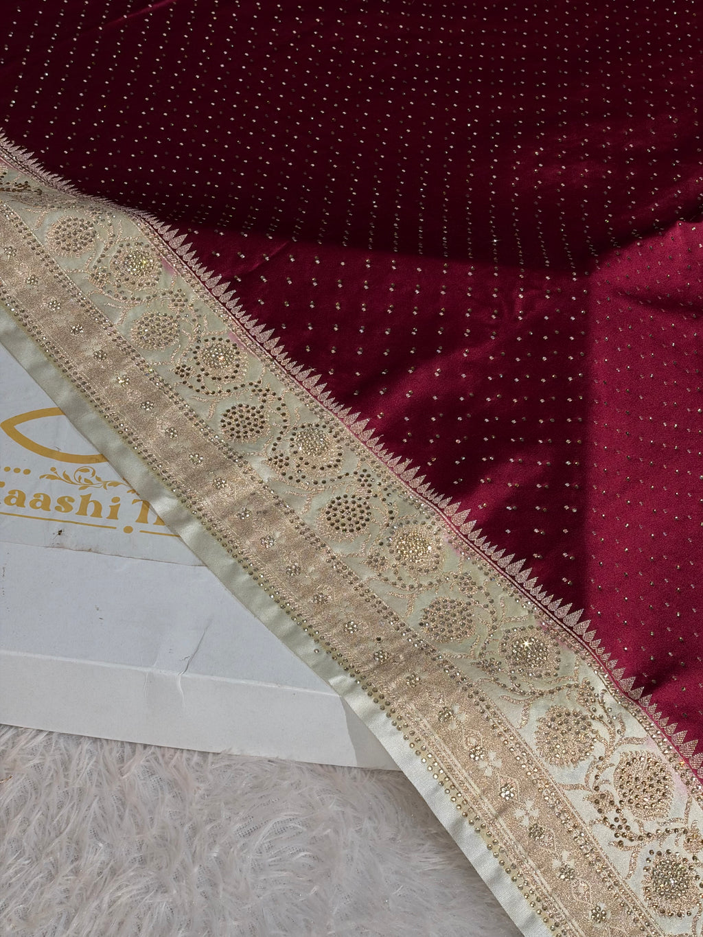 Banarasi Mashru Kataan Silk Saree with Chunri Buti & Swarovski Work | Rich Zari Pallu | MKS852