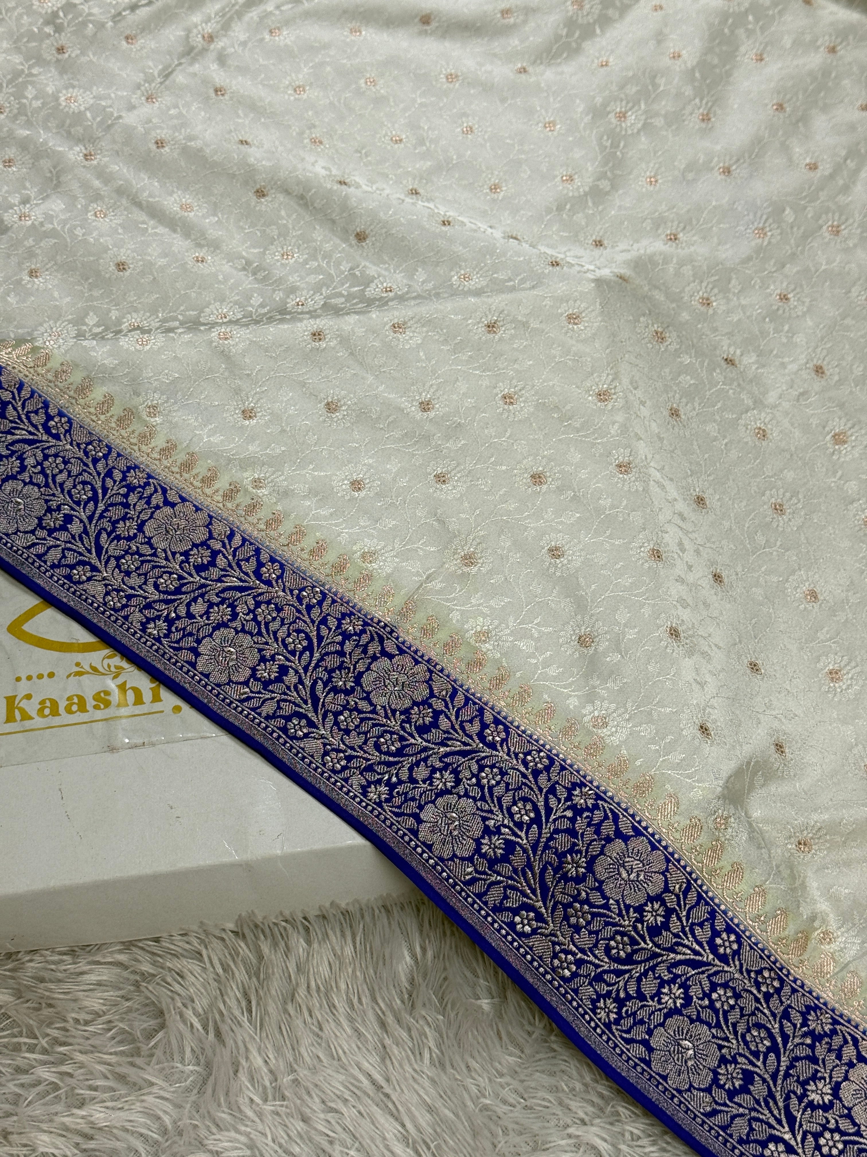 Cream Blue Contrast Zari Meena Tanchhoi Banarasi Mashru Silk Saree | Kaashi Threads | MKS517