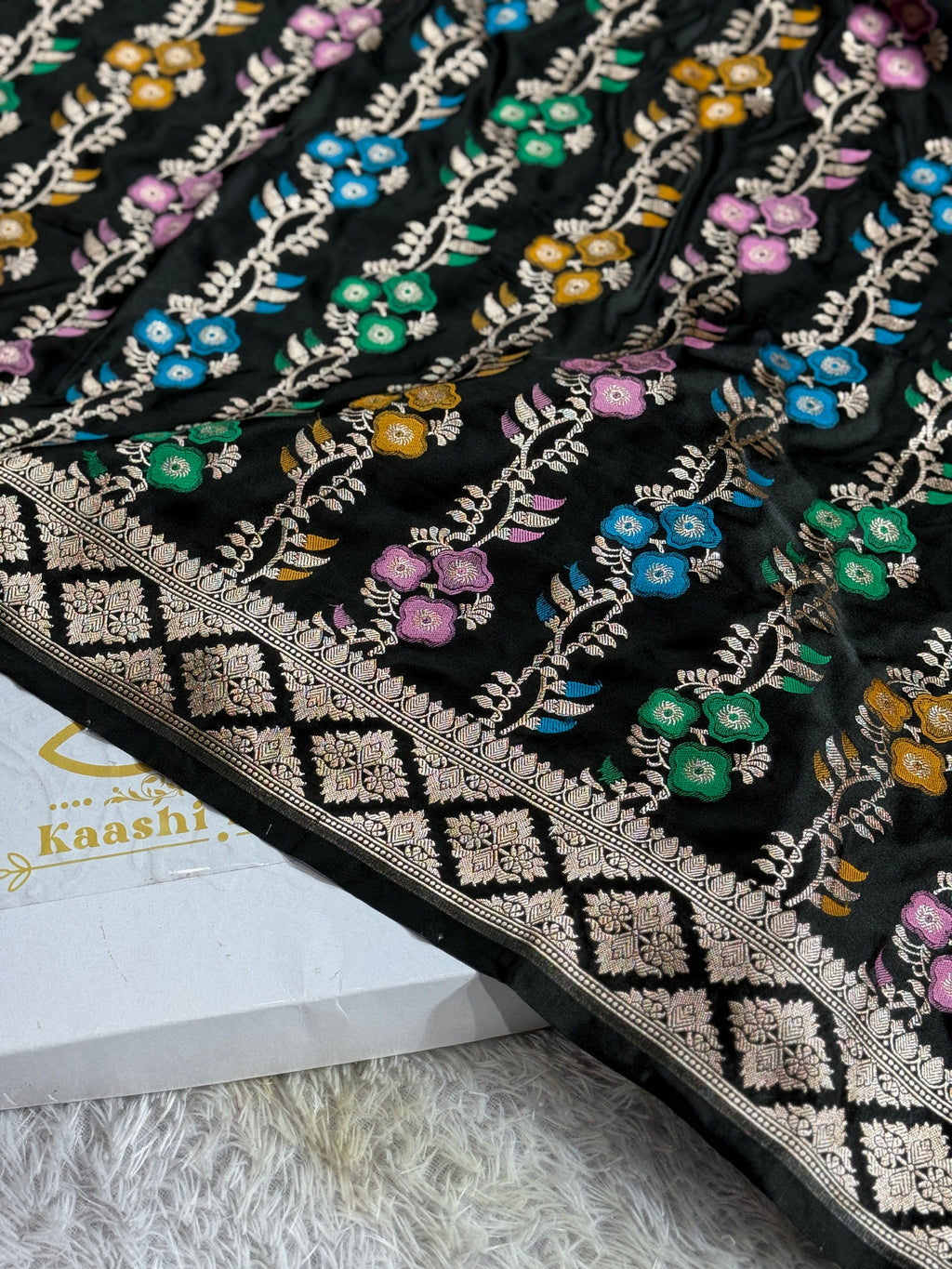 Banarasi Black Mashru Silk Saree with Zari Woven Meena Work – MKS361