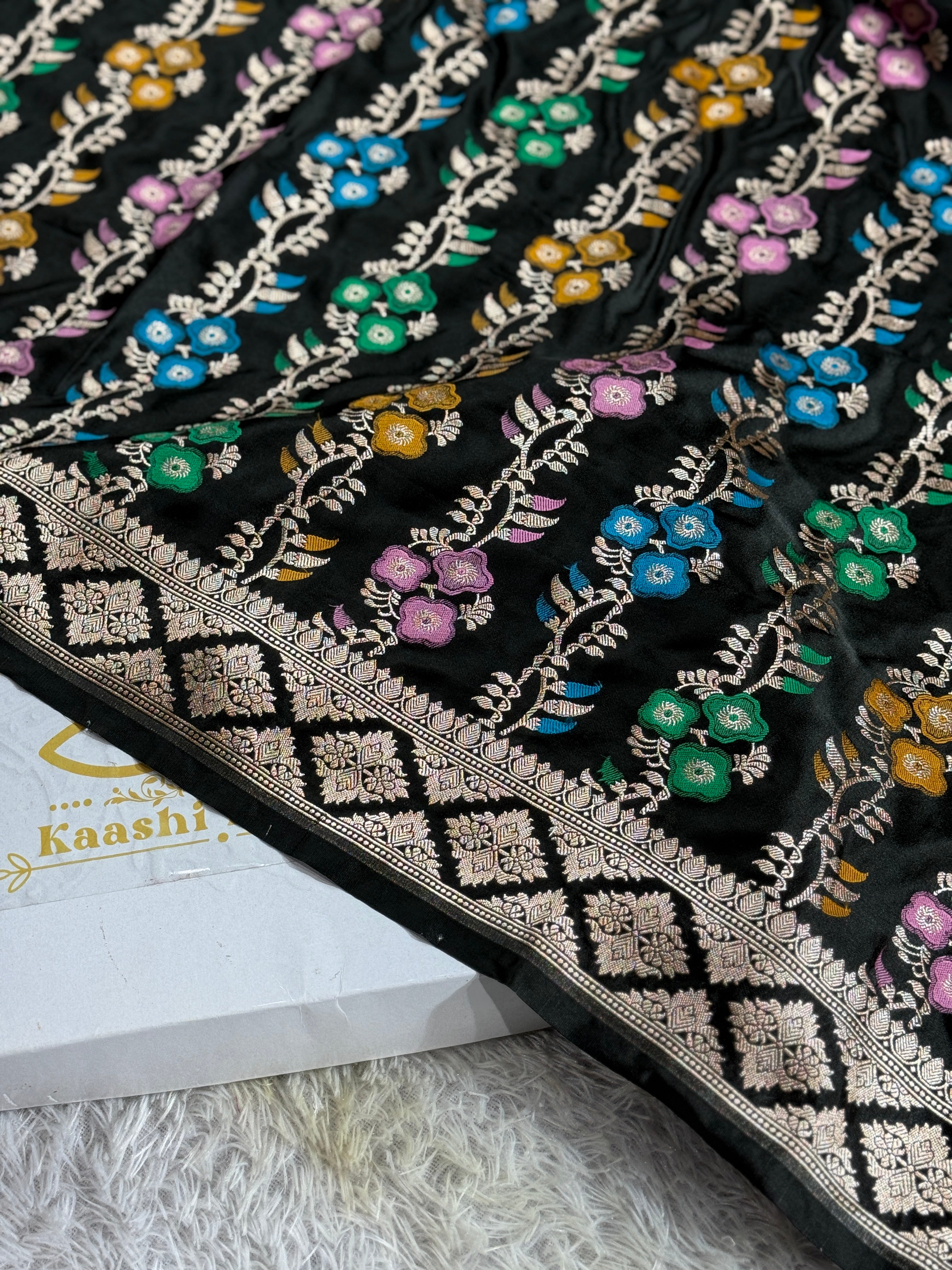 Banarasi Black Mashru Silk Saree with Zari Woven Meena Work – MKS361