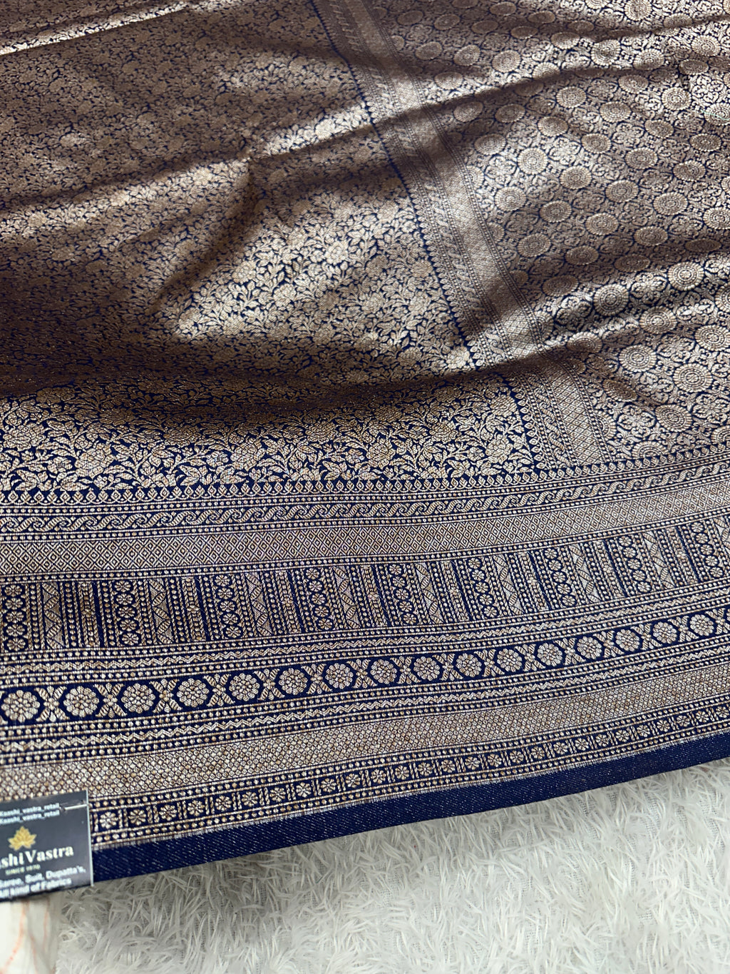 Navy Blue Banarasi Dupion Silk Saree with Embossed Antique Zari Weaving & Rich Antique Zari Pallu | STF87