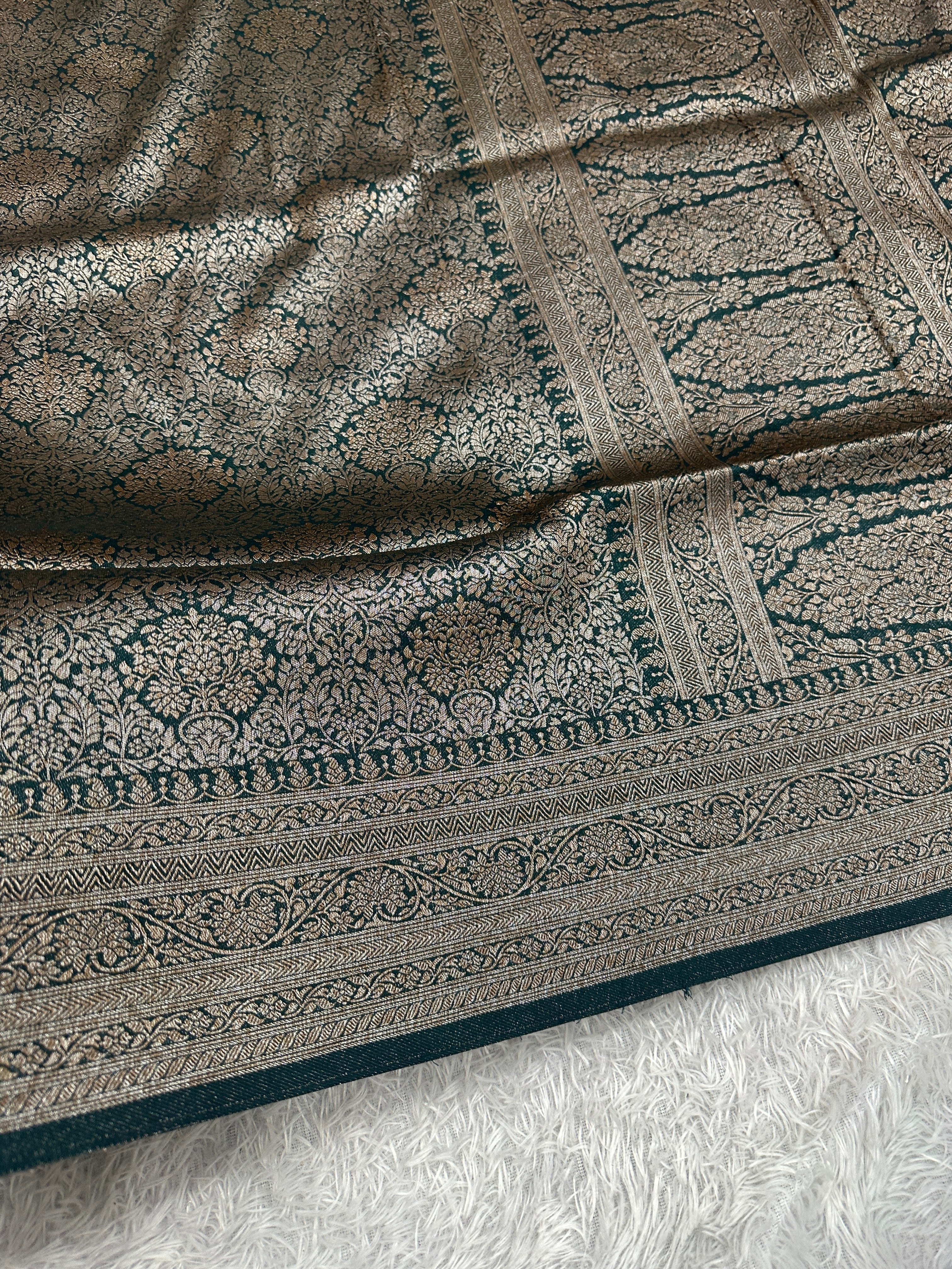 Bottle Green Banarasi Dupion Silk Saree with Embossed Antique Zari Weaving & Rich Antique Zari Pallu | STF78