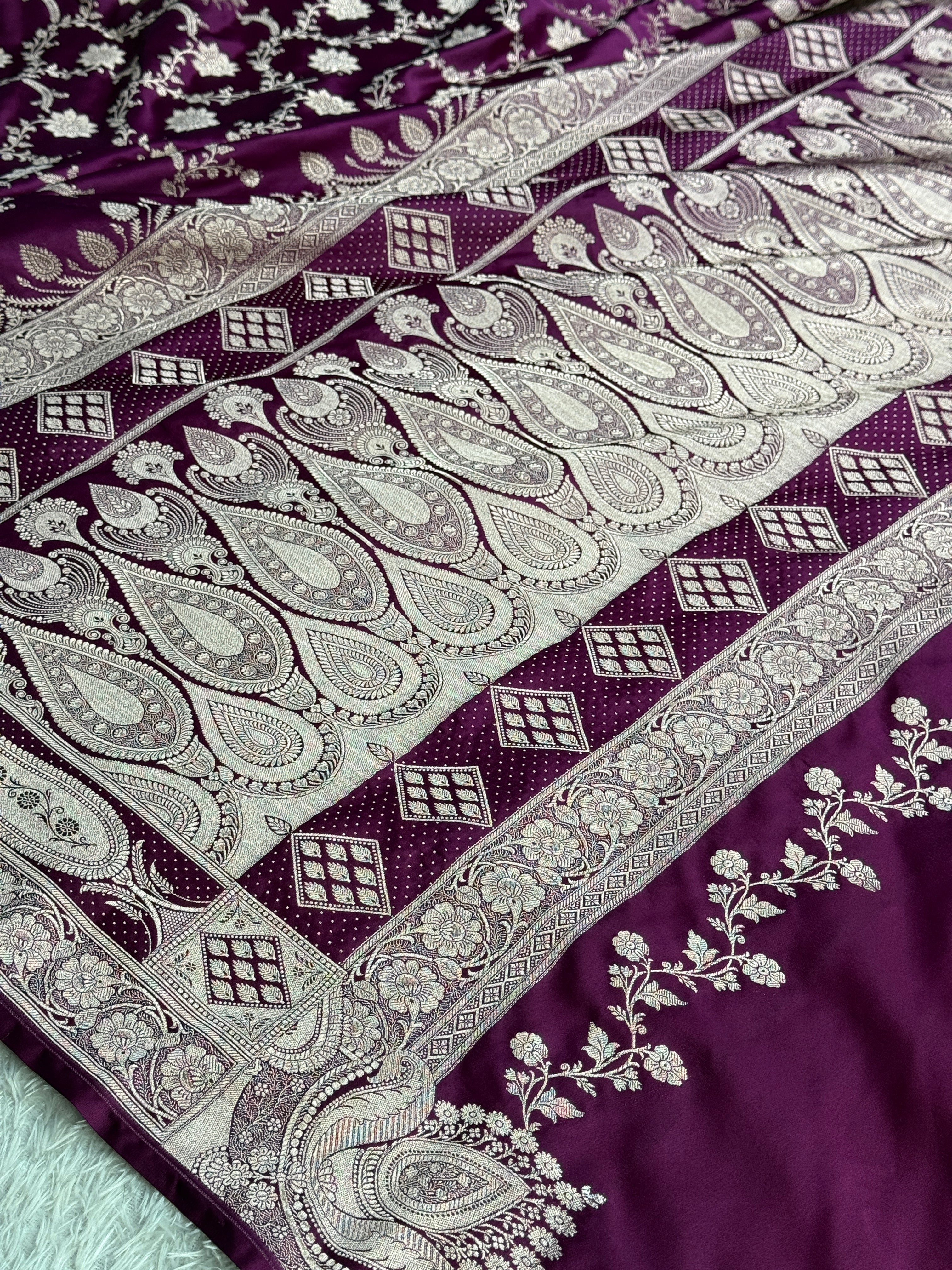 Magenta Mashru Kataan Silk Banarasi Jaal Woven Saree with Rich Zari Pallu – MKS733