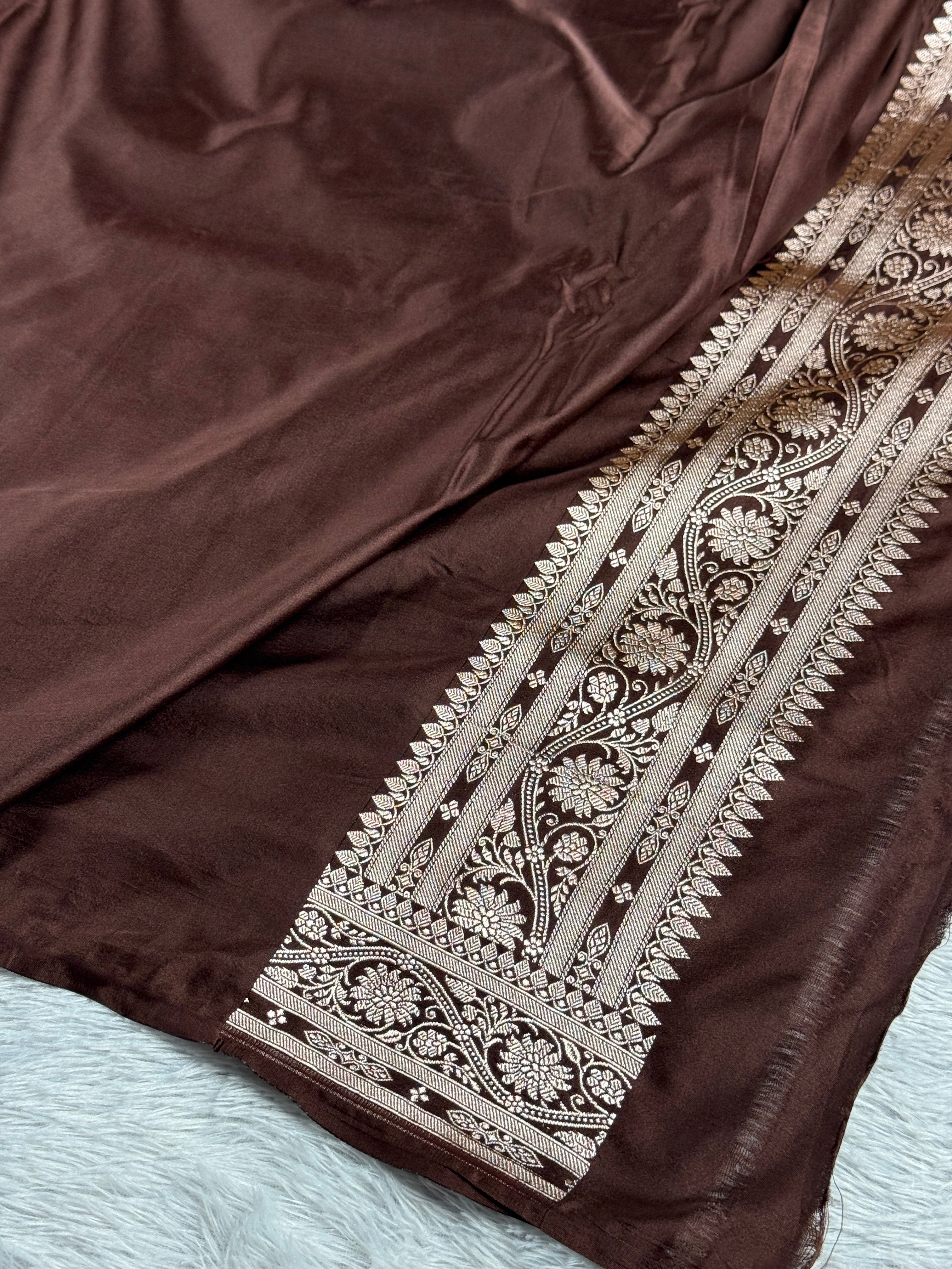 Coffee Brown Mashru Kataan Silk Saree with Zari Buti Weaving & Rich Zari Pallu – MKS507