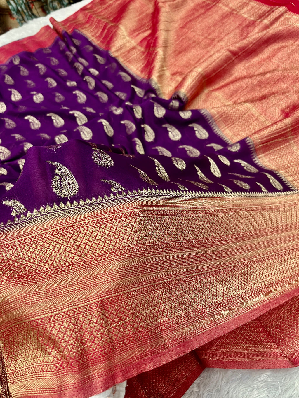 Chinon Silk Karry  Buta  Design Wine with Red color  Saree CN07