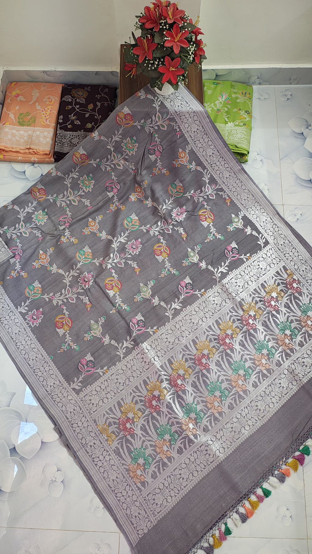 Pure Silk Tussar Banarasi Saree with All-over Meenakari Jaal Woven Pattern TSS12