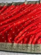 Banarasi Mashru Kataan Silk Saree – Red with Green Contrast | Buta Woven Design | Rich Zari Pallu | MKS751