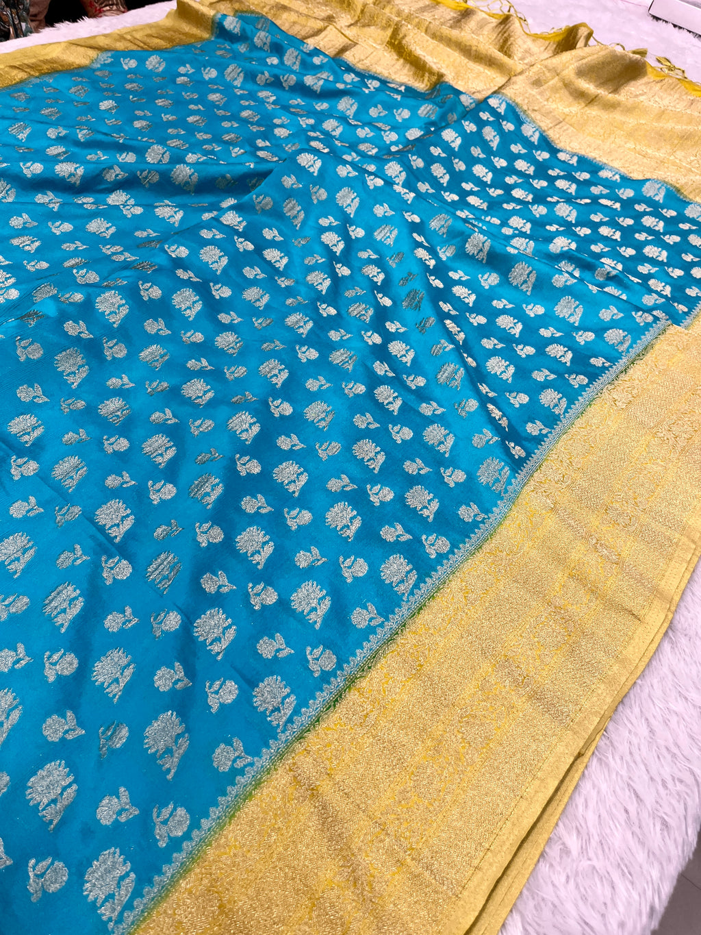 Chinon Silk Big small Buta  Design Sea blue Color Saree CN06