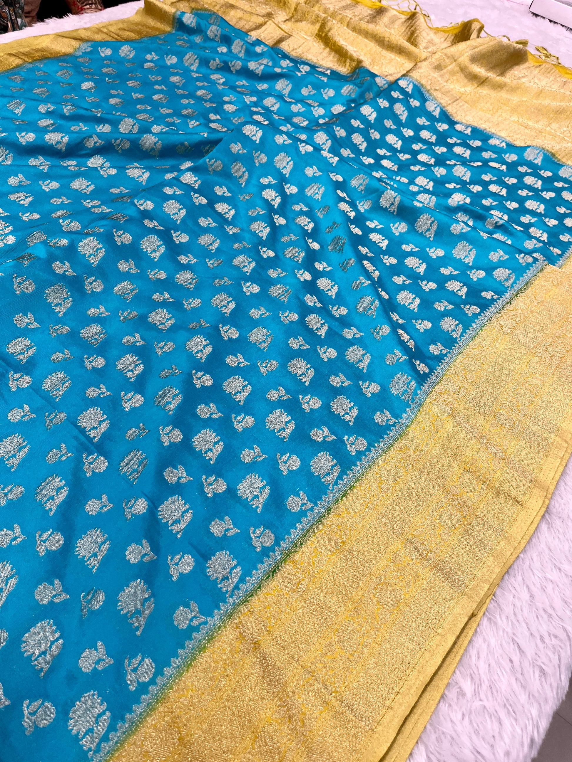 Chinon Silk Big small Buta  Design Sea blue Color Saree CN06