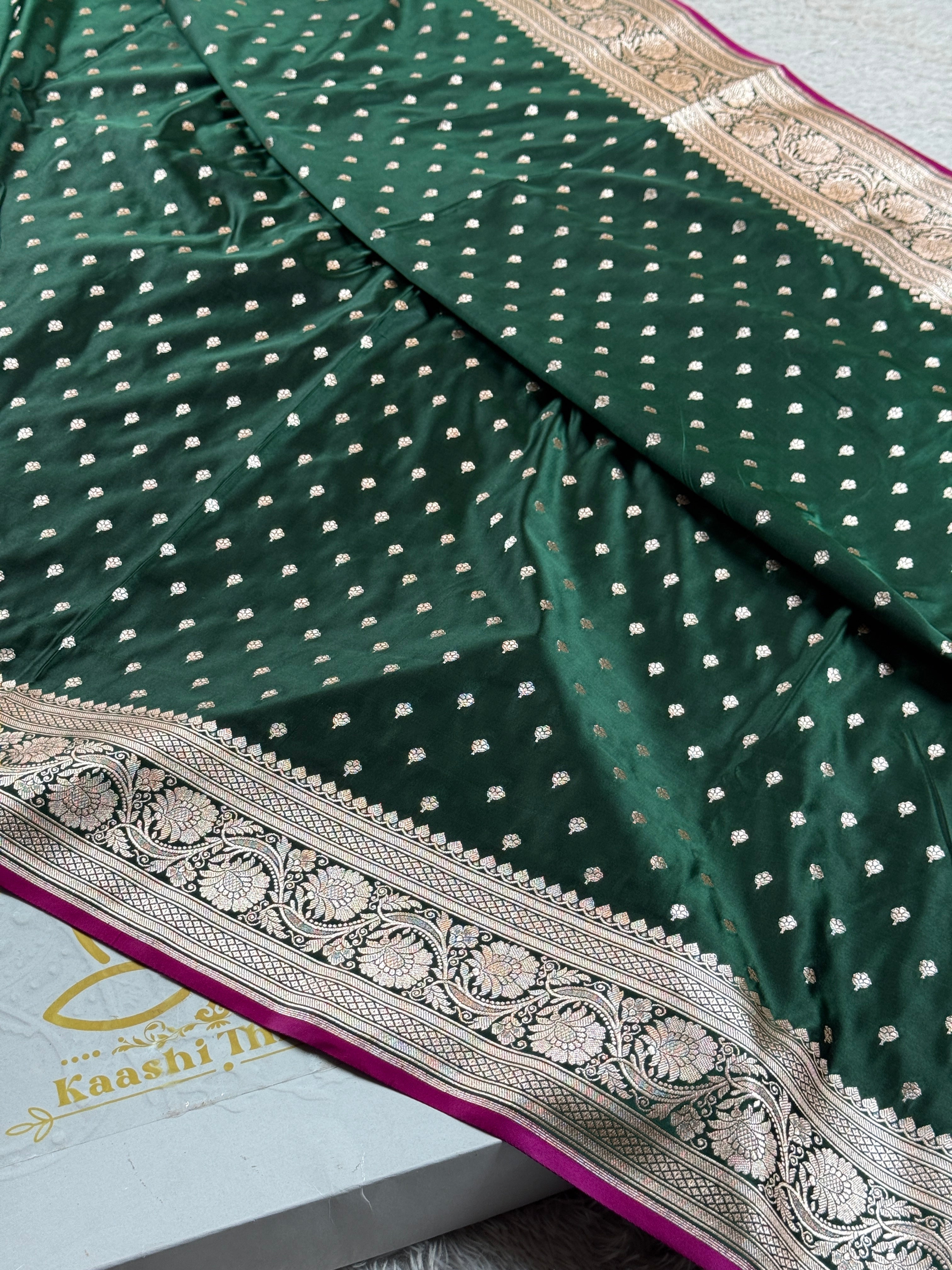 Elegant Green Soft Mashru Kataan Silk Saree with Buti Zari Weaving & Rich Pallu | MKS536
