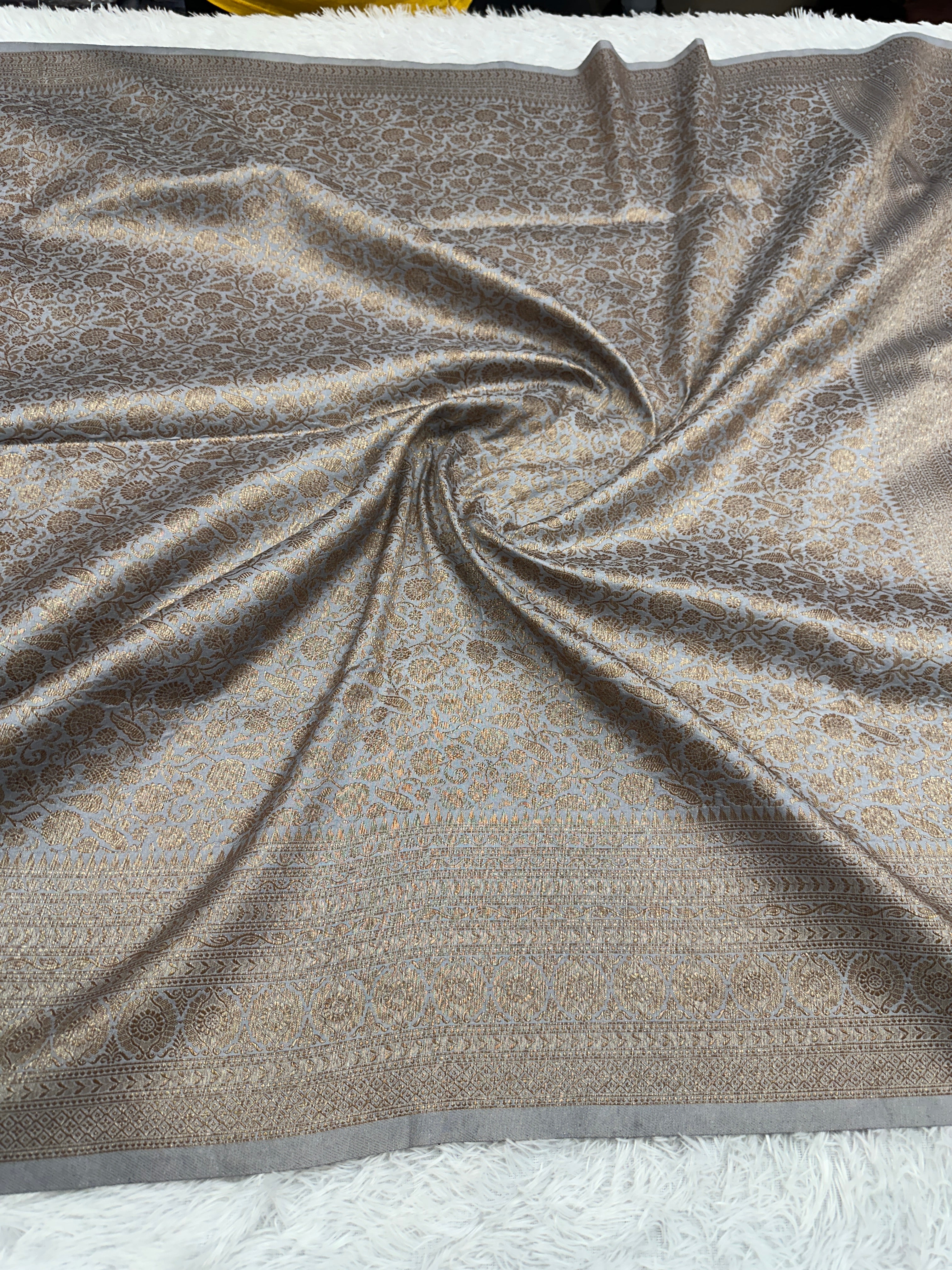 Grey Banarasi Dupion Silk Saree with Embossed Antique Zari Weaving & Rich Antique Zari Pallu | STF72