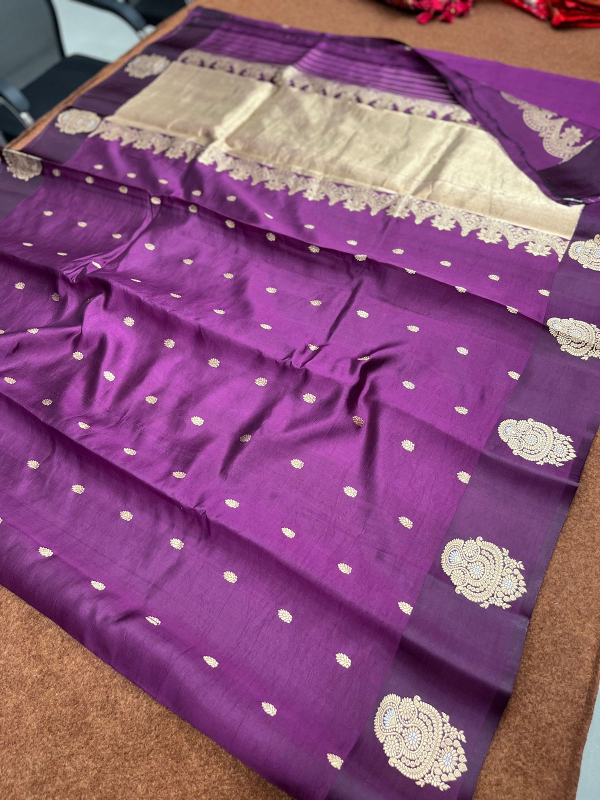 Purple Handloom Pure kataan Silk Border Boota Booti Saree