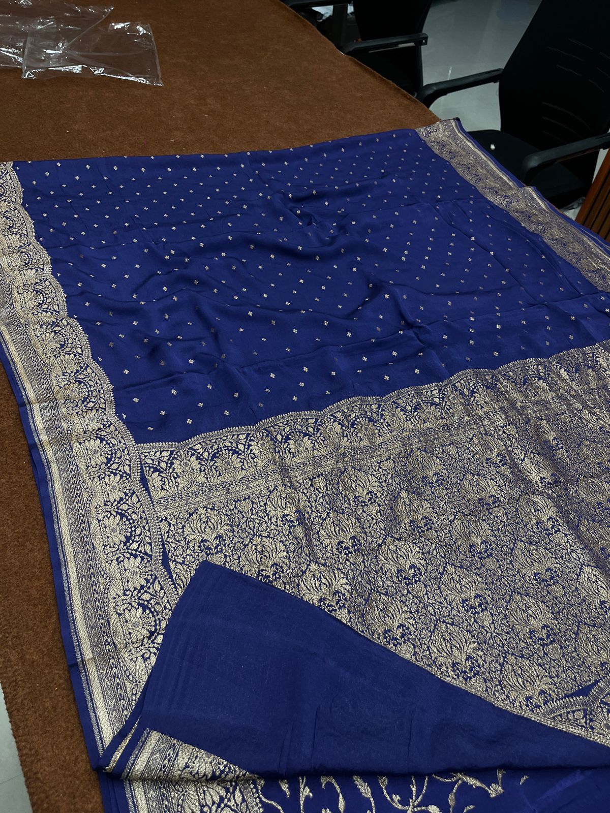 German Blue Handloom Chinya Silk Zari Border Booti Saree
