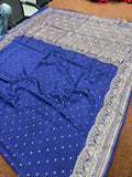 German Blue Handloom Chinya Silk Zari Border Booti Saree
