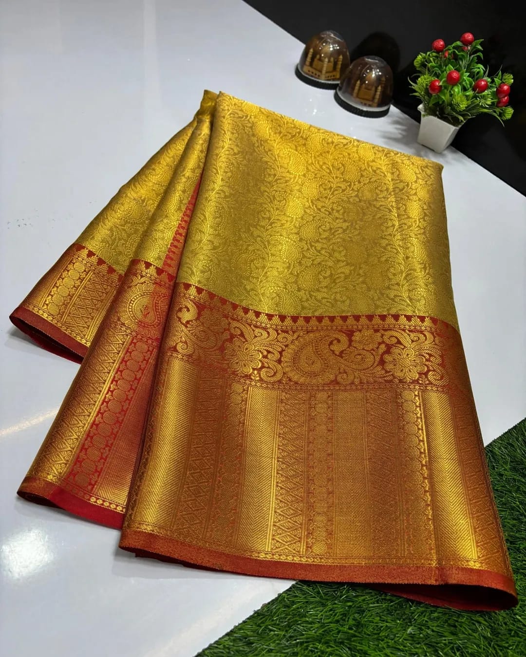 Golden contrast Ambossed Tissue Silk Saree TS107