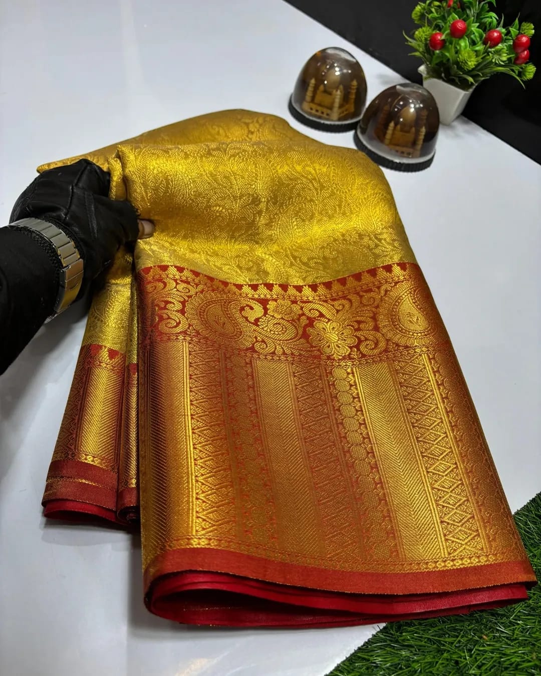 Golden contrast Ambossed Tissue Silk Saree TS107