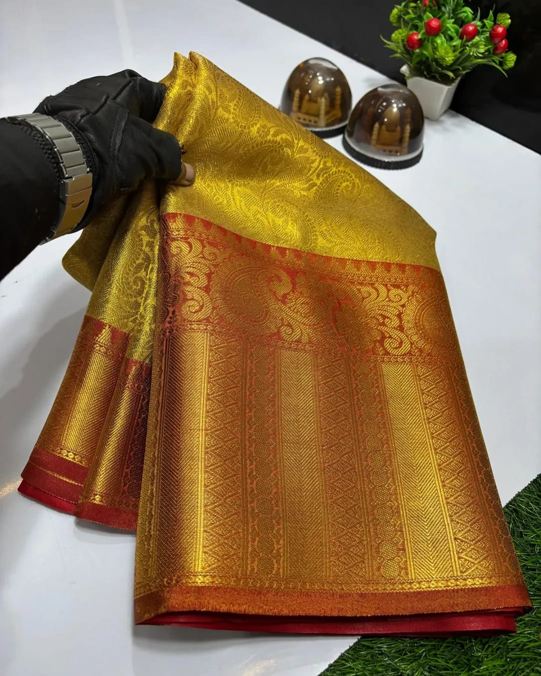 Golden contrast Ambossed Tissue Silk Saree TS107