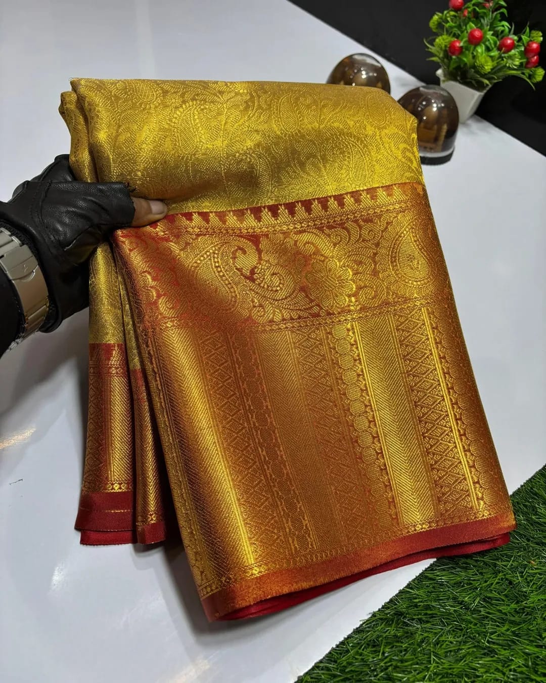 Golden contrast Ambossed Tissue Silk Saree TS107