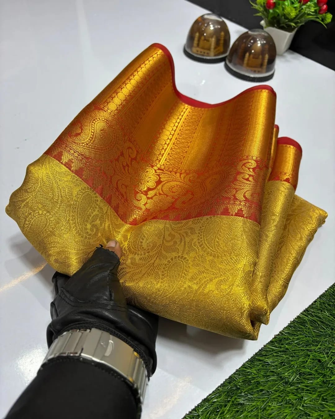 Golden contrast Ambossed Tissue Silk Saree TS107