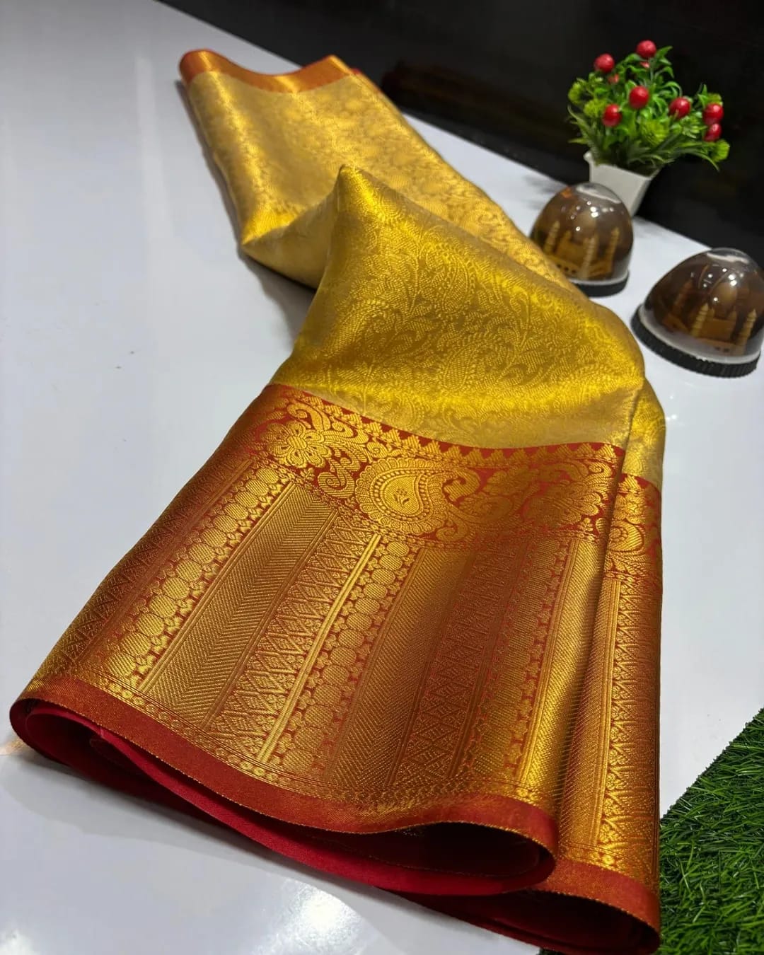 Golden contrast Ambossed Tissue Silk Saree TS107