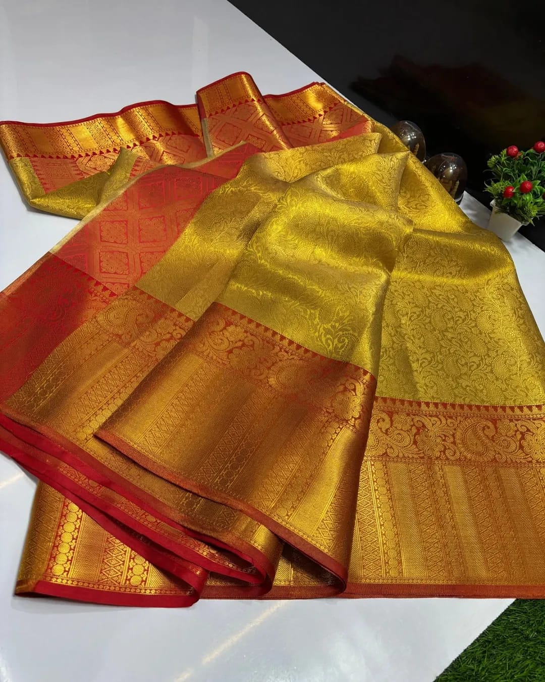 Golden contrast Ambossed Tissue Silk Saree TS107