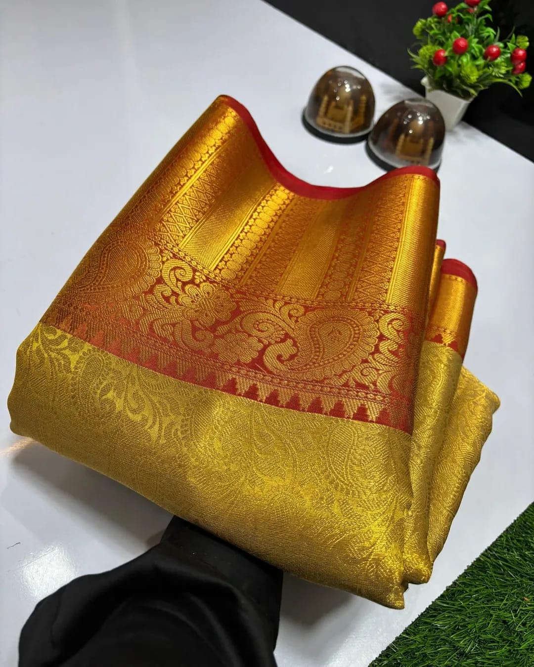 Golden contrast Ambossed Tissue Silk Saree TS107