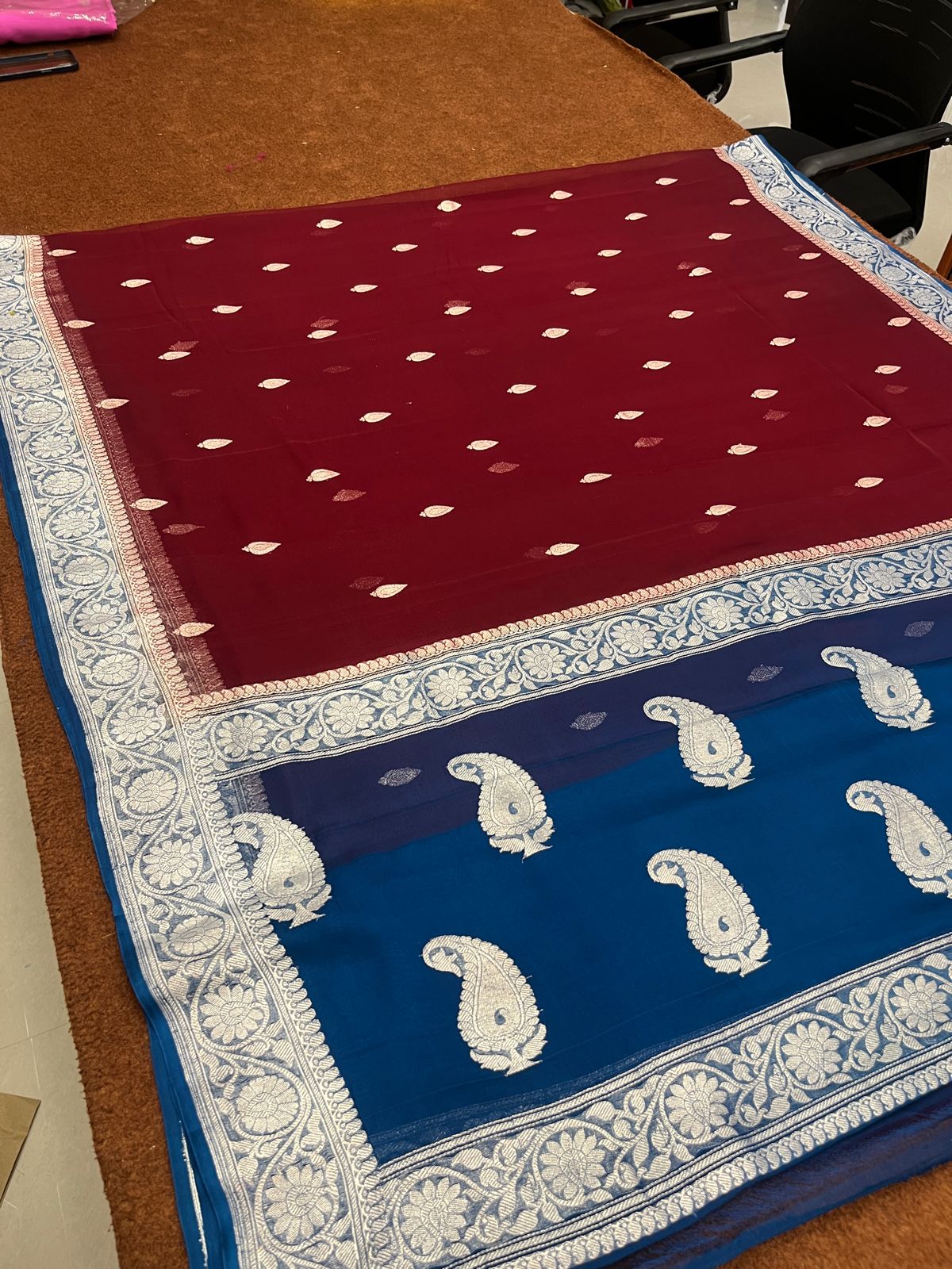 Contast Pure Khaddi Georgette Saree Handloom Banarasi Saree