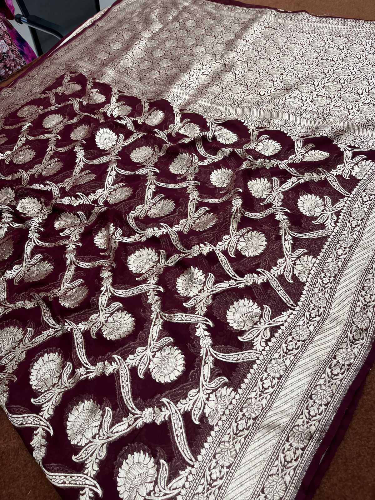 Wine Pure Chiffon Banarasi Border Jangla Saree