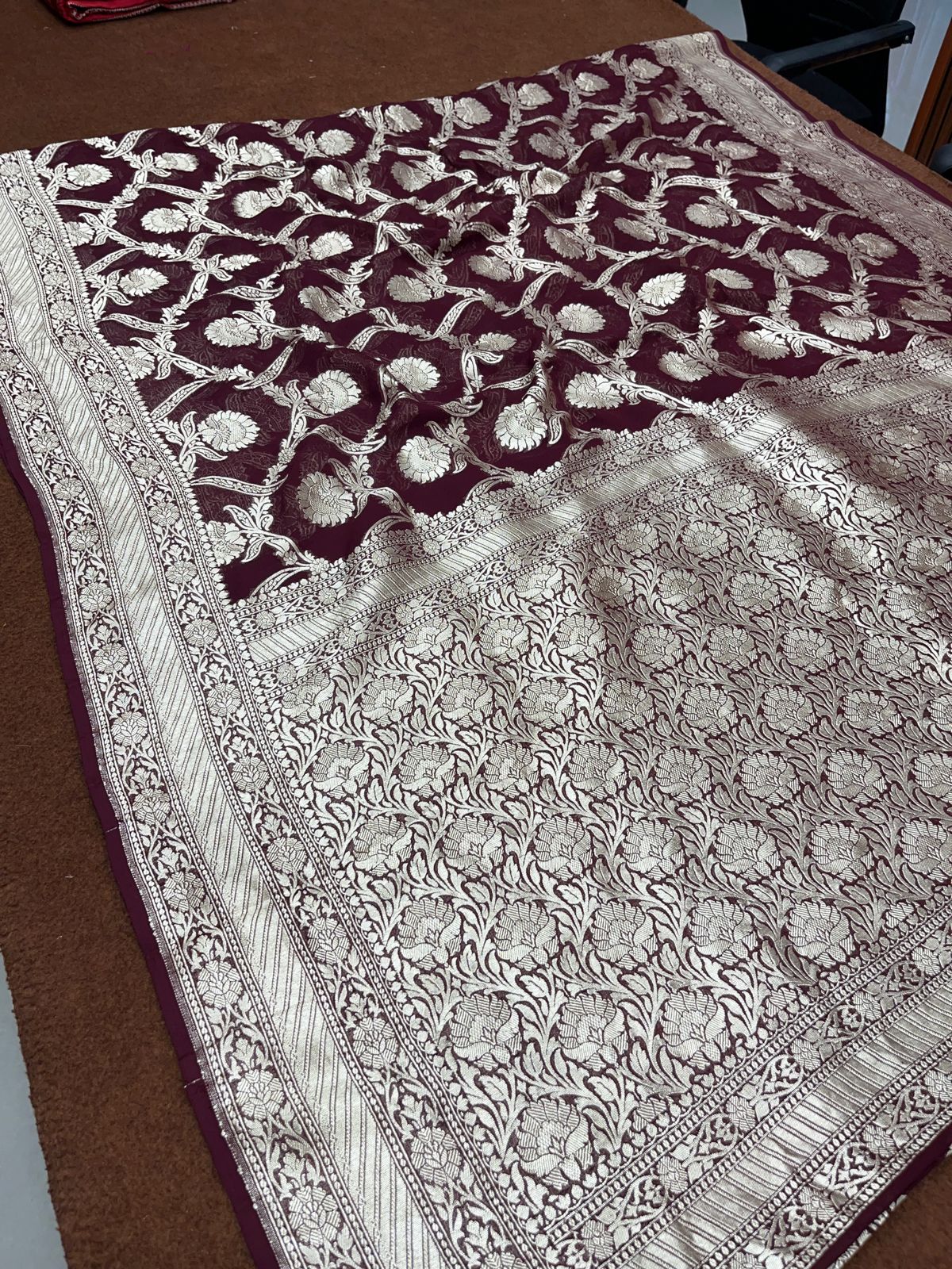 Wine Pure Chiffon Banarasi Border Jangla Saree