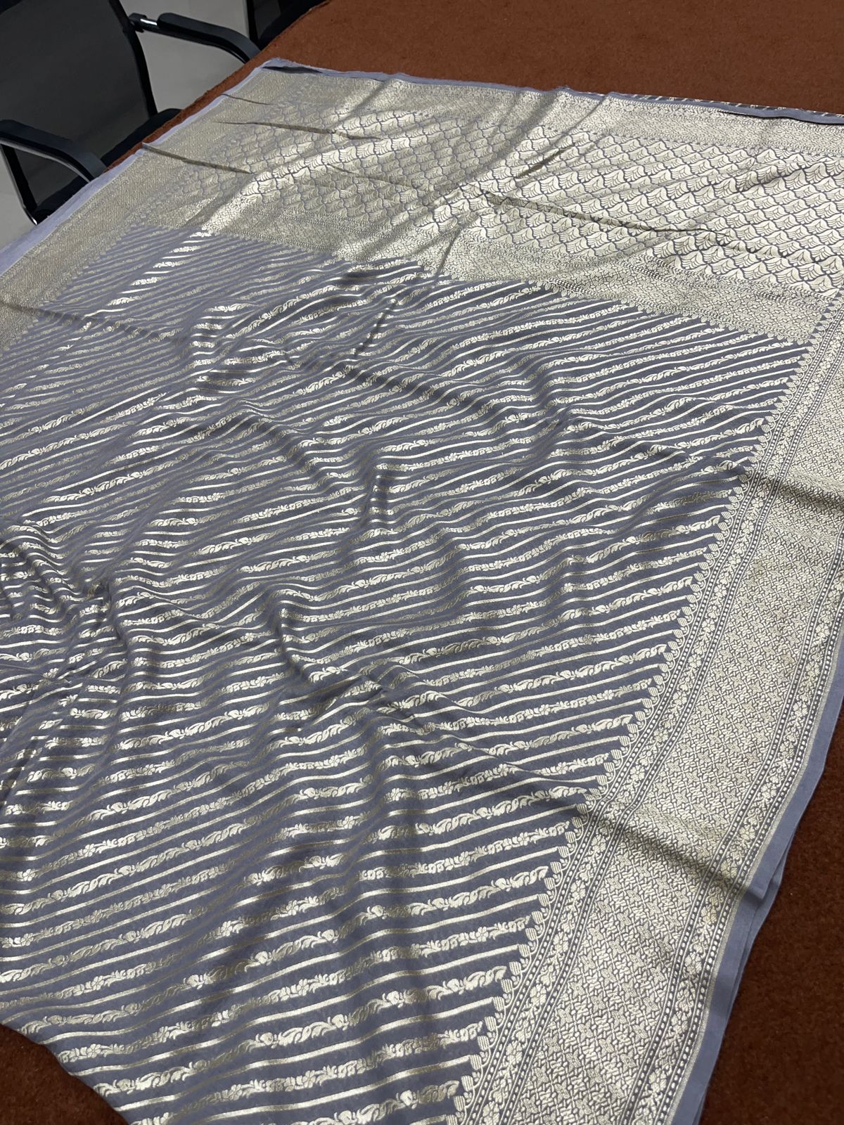 Grey Pure Chinya Silk Saree Strip Design with Zari Border