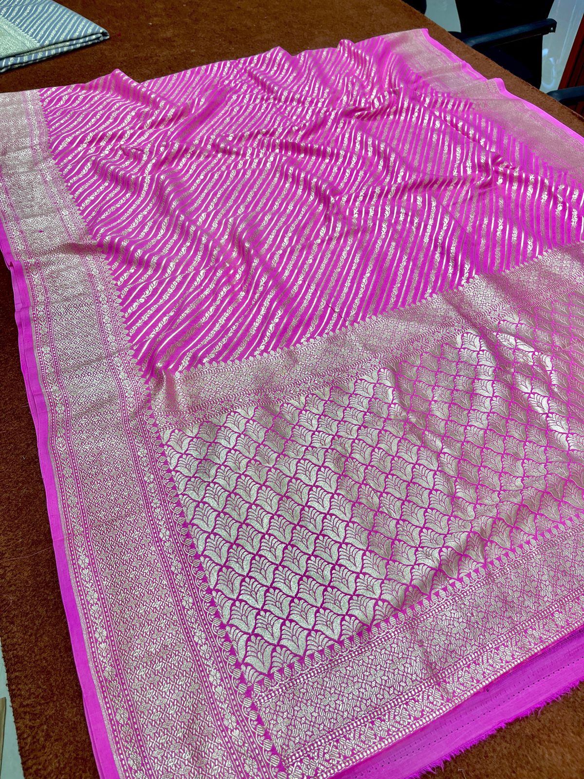 Gajree Pure Chinya Silk Saree Strip Design with Zari Border