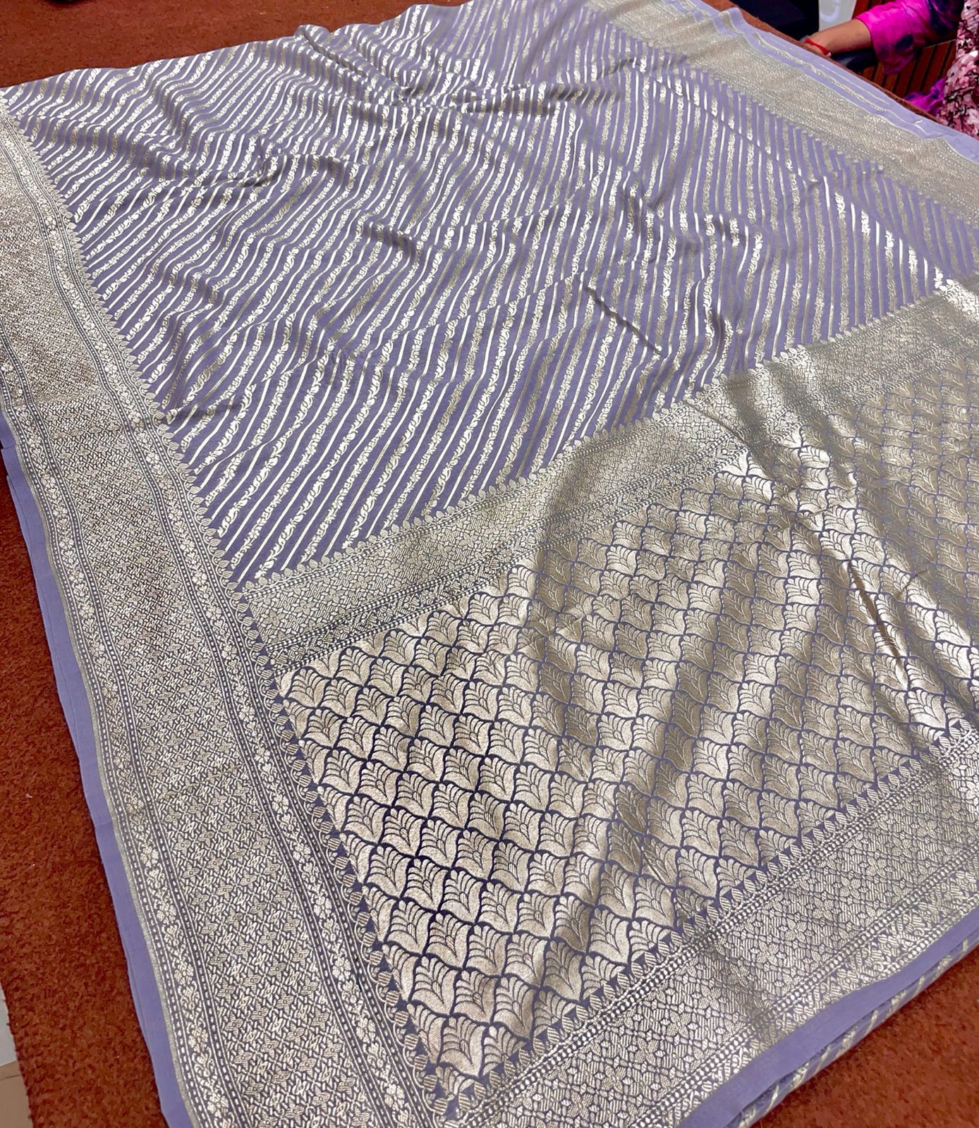 Grey Pure Chinya Silk Saree Strip Design with Zari Border