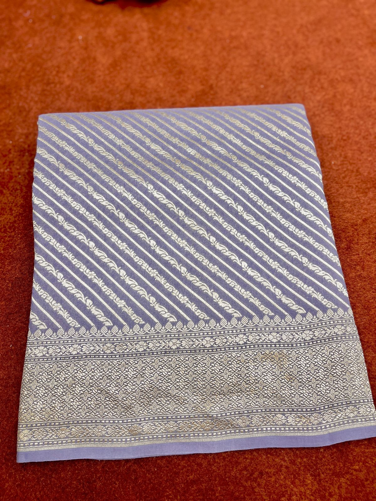Grey Pure Chinya Silk Saree Strip Design with Zari Border