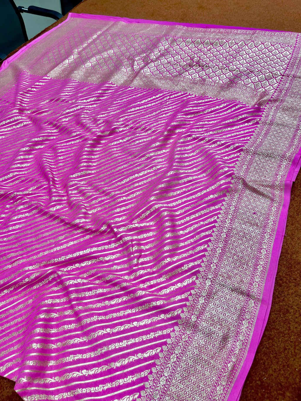 Gajree Pure Chinya Silk Saree Strip Design with Zari Border