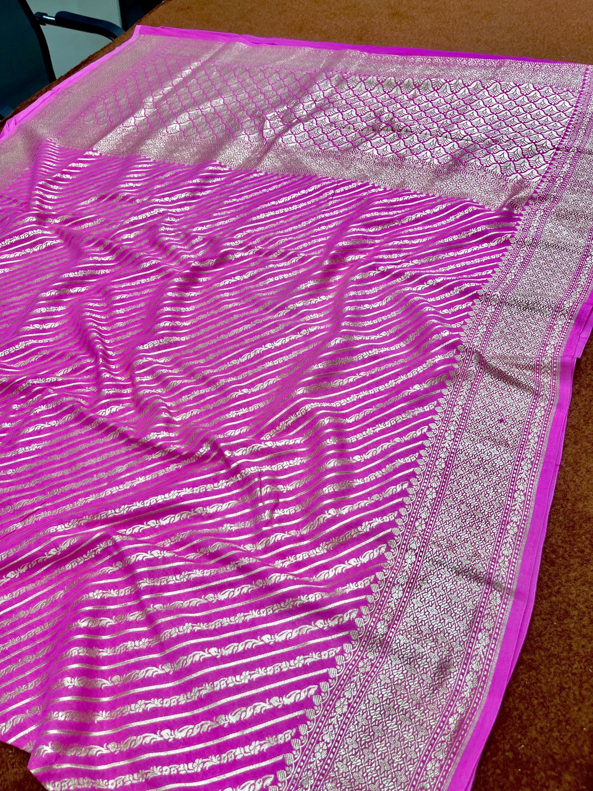 Gajree Pure Chinya Silk Saree Strip Design with Zari Border