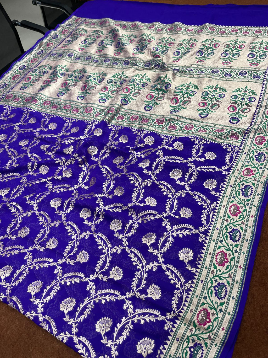 German Blue Pure Georgette silk Saree Tilfi Border Aanchal