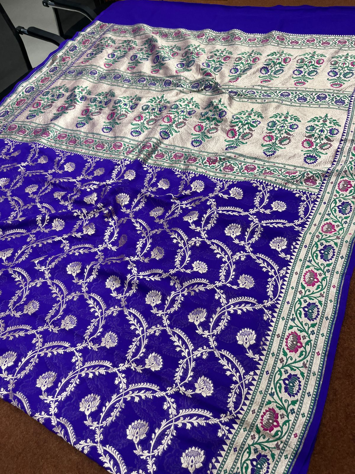 German Blue Pure Georgette silk Saree Tilfi Border Aanchal