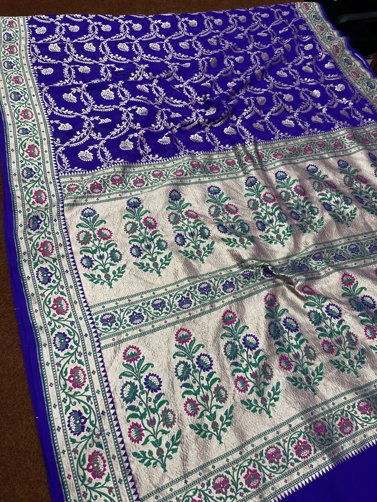 German Blue Pure Georgette silk Saree Tilfi Border Aanchal