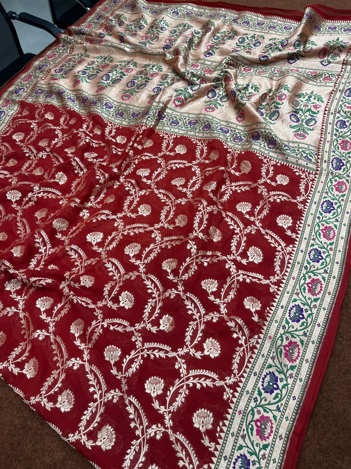 Red Pure Georgette silk Saree Tilfi Border Aanchal