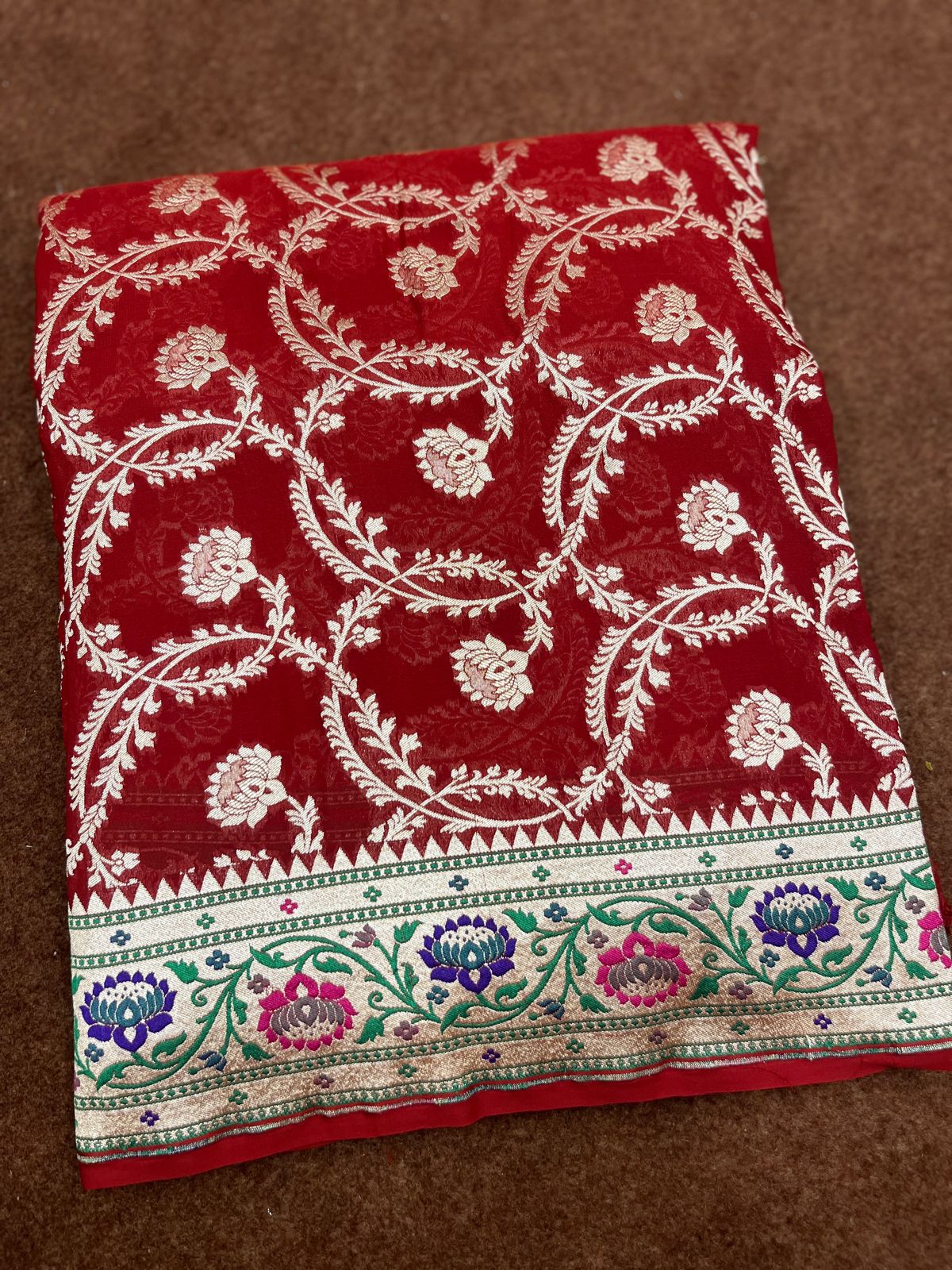 Red Pure Georgette silk Saree Tilfi Border Aanchal